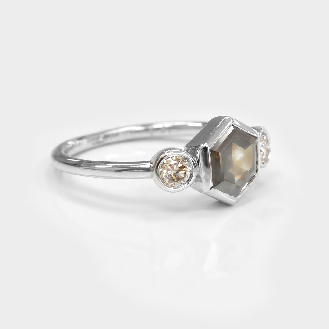 Fancy Hexagonal Cut 3 stones Diamonds Ring