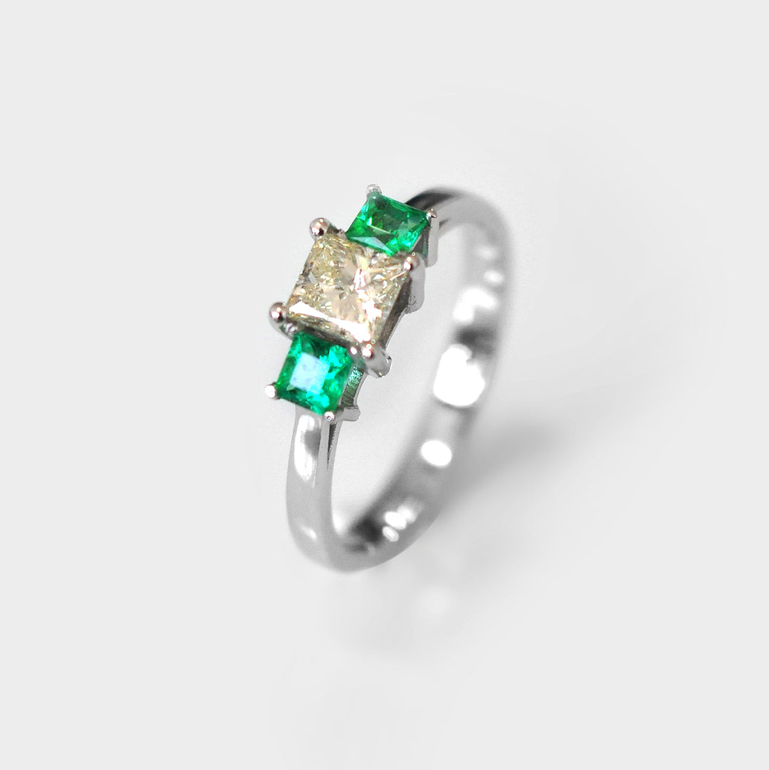 Princess Cut Diamond &amp; Emeralds Ring in White Gold