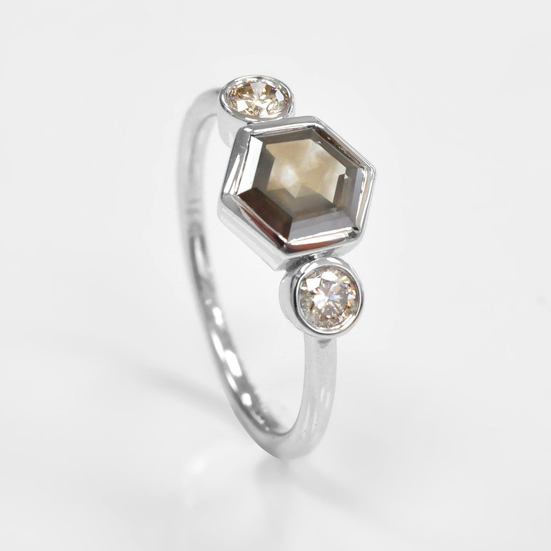 Fancy Hexagonal Cut 3 stones Diamonds Ring