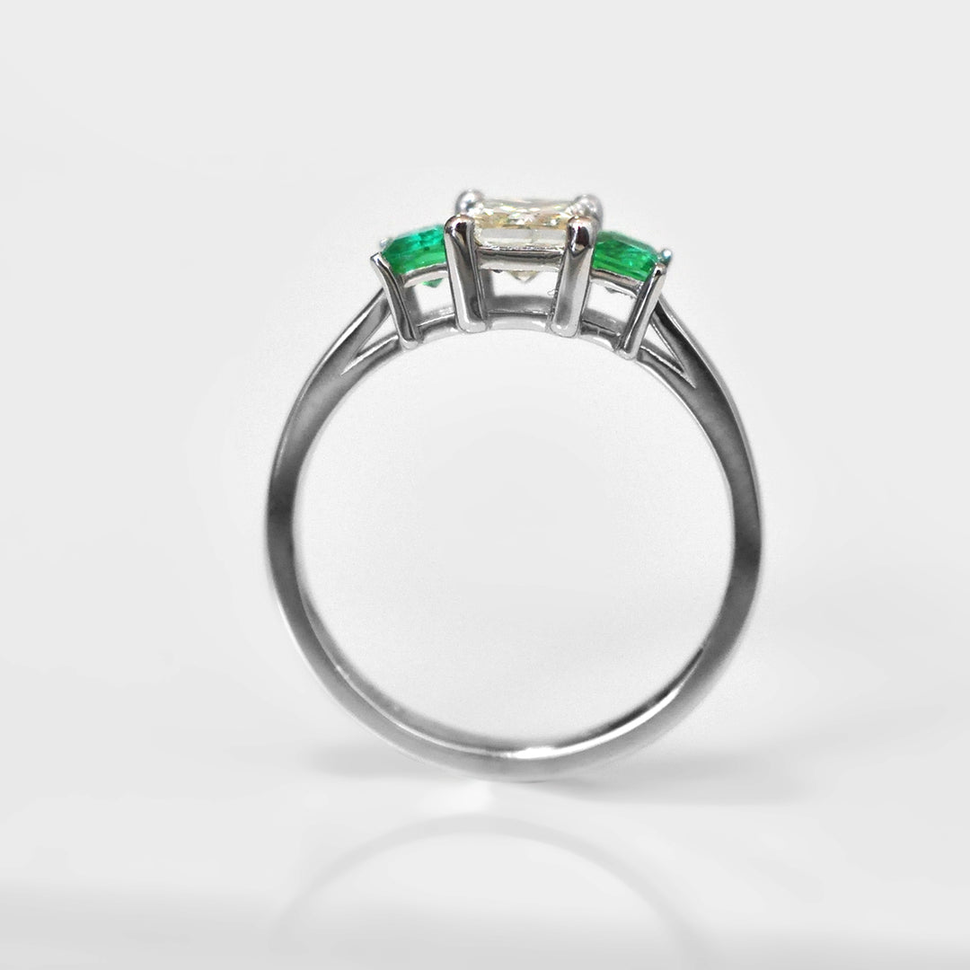 Princess Cut Diamond &amp; Emeralds Ring in White Gold