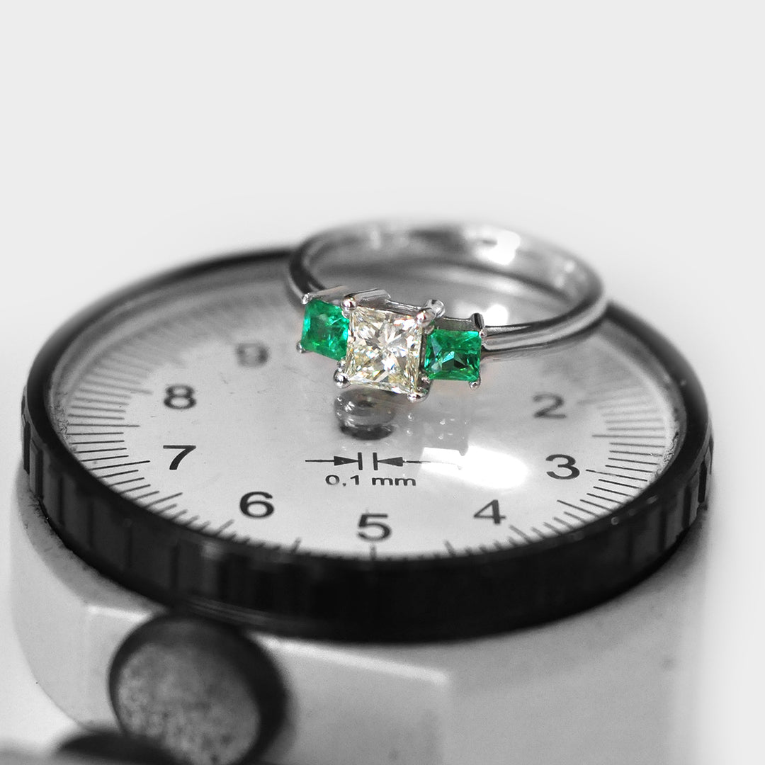 Princess Cut Diamond &amp; Emeralds Ring in White Gold