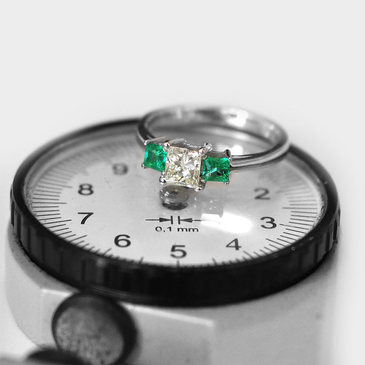 Princess Cut Diamond &amp; Emeralds Ring in White Gold