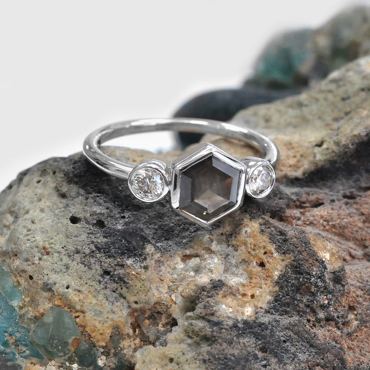 Fancy Hexagonal Cut 3 stones Diamonds Ring