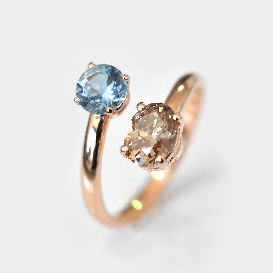 Brown Diamond and Aquamarine Twin Ring