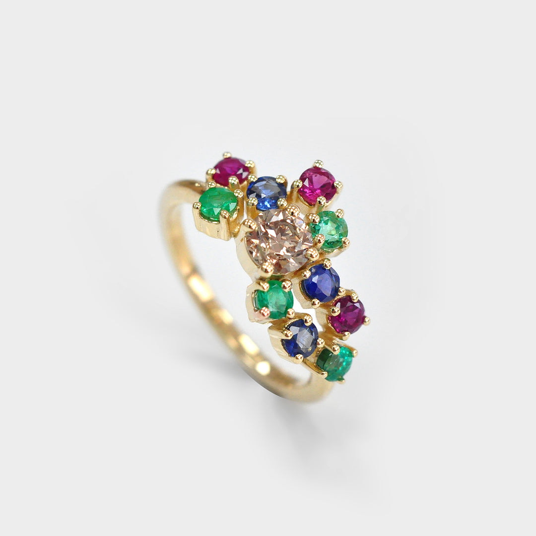 Yellow Gold  Ring with Diamond, Ruby, Sapphire &amp; Emeralds.
