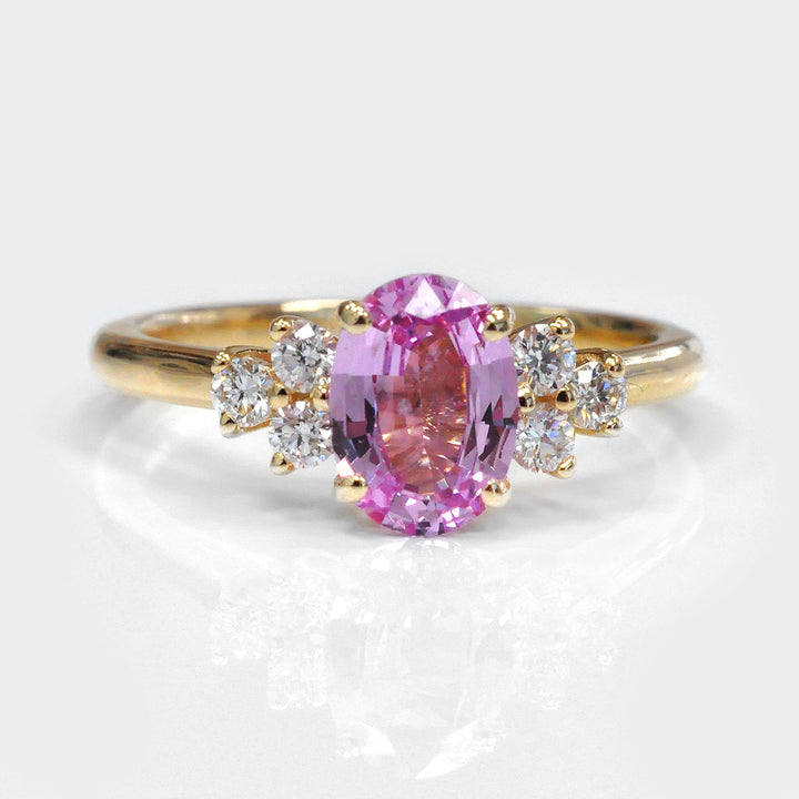 Oval Pink Sapphire &amp; Six Stones Side Diamonds Ring