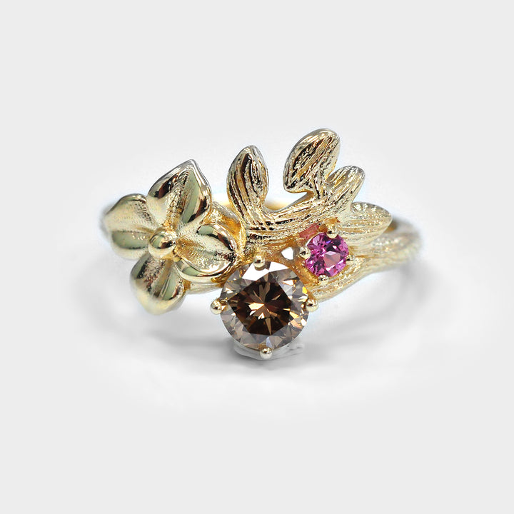 Fancy Brown Diamond and Pink Sapphire Floral Ring