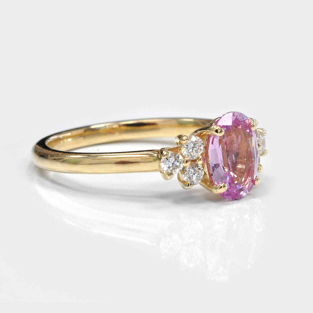 Oval Pink Sapphire &amp; Six Stones Side Diamonds Ring