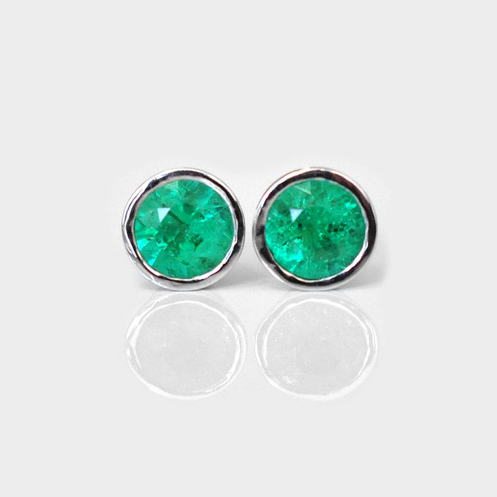 White Gold Bezel Set White Gold Emerald Studs
