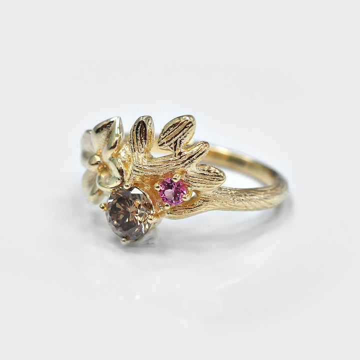 Fancy Brown Diamond and Pink Sapphire Floral Ring