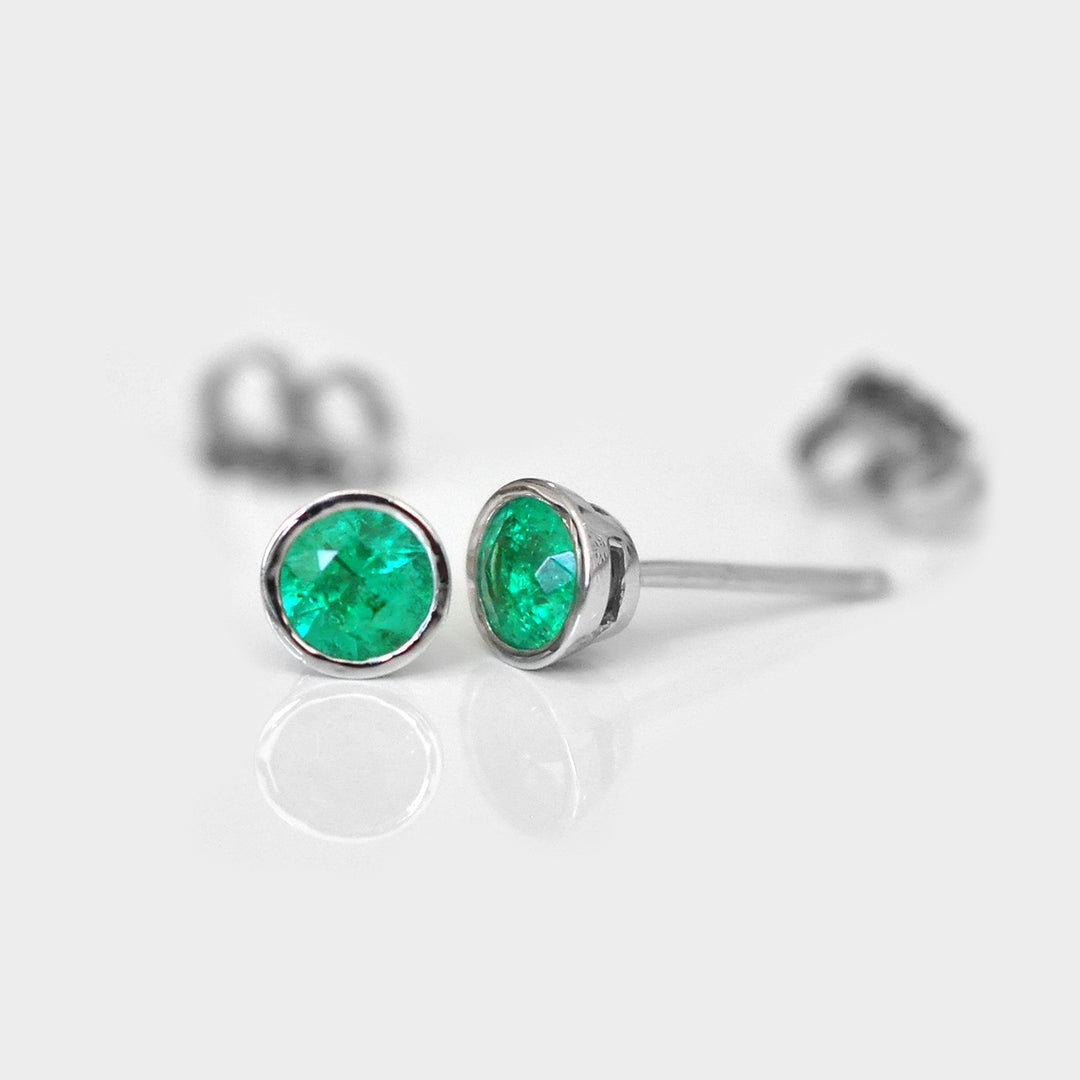 White Gold Bezel Set White Gold Emerald Studs