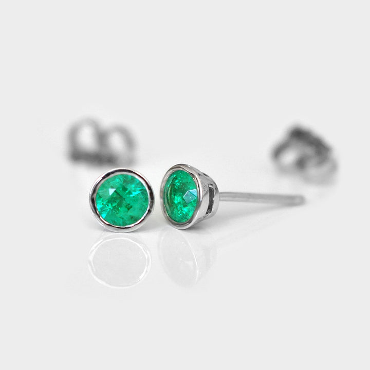 White Gold Bezel Set White Gold Emerald Studs