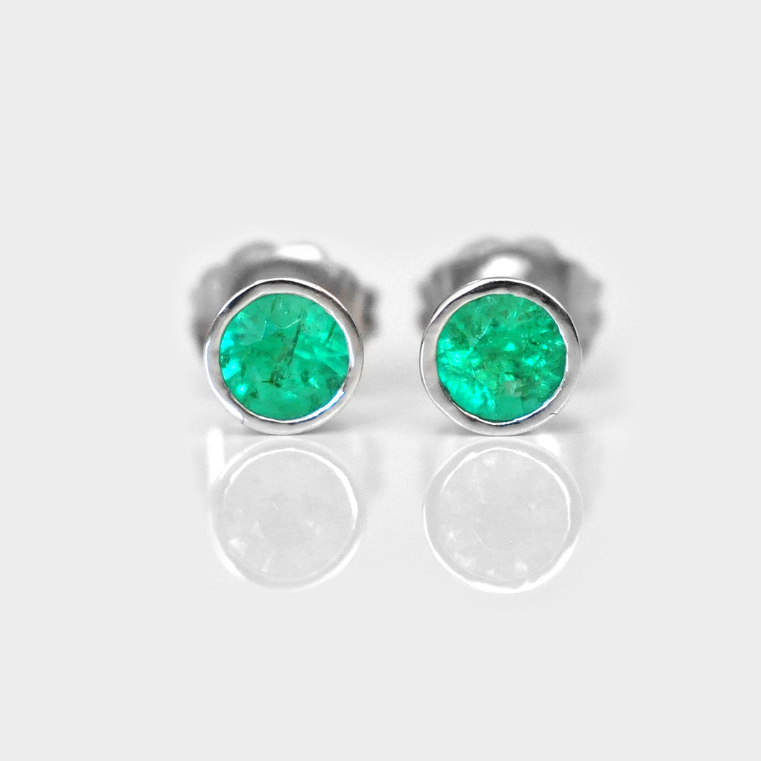 White Gold Bezel Set White Gold Emerald Studs