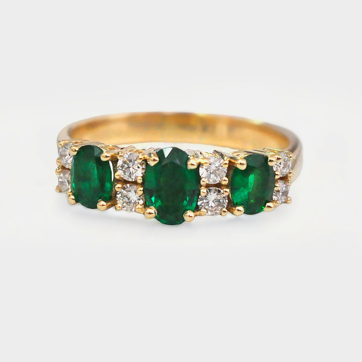 3 Stone Emeralds and Side Diamonds Ring
