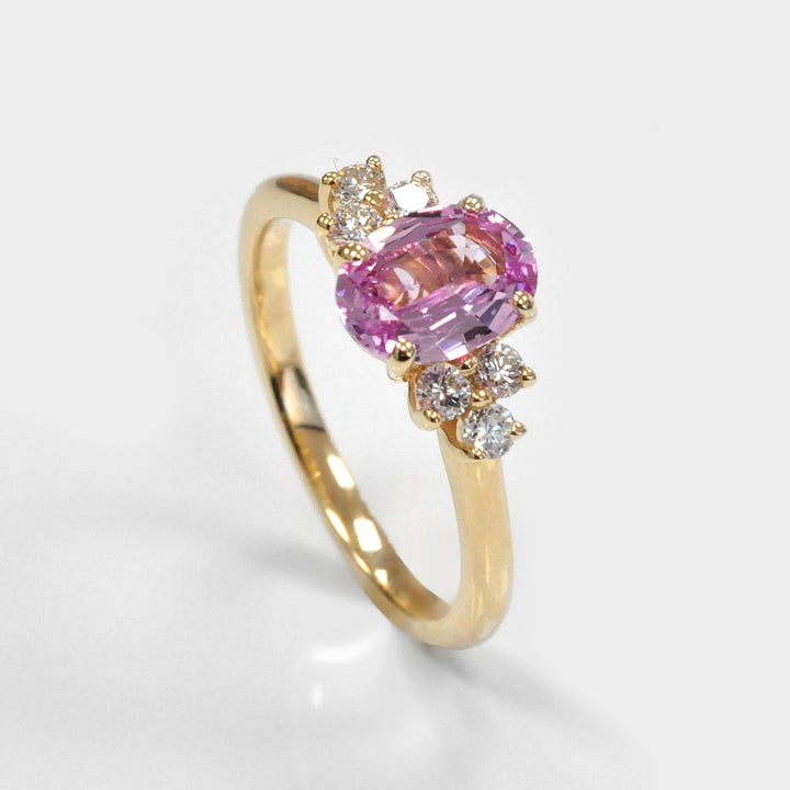 Oval Pink Sapphire &amp; Six Stones Side Diamonds Ring