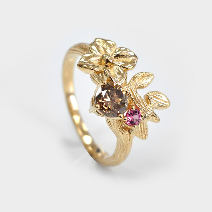Fancy Brown Diamond and Pink Sapphire Floral Ring