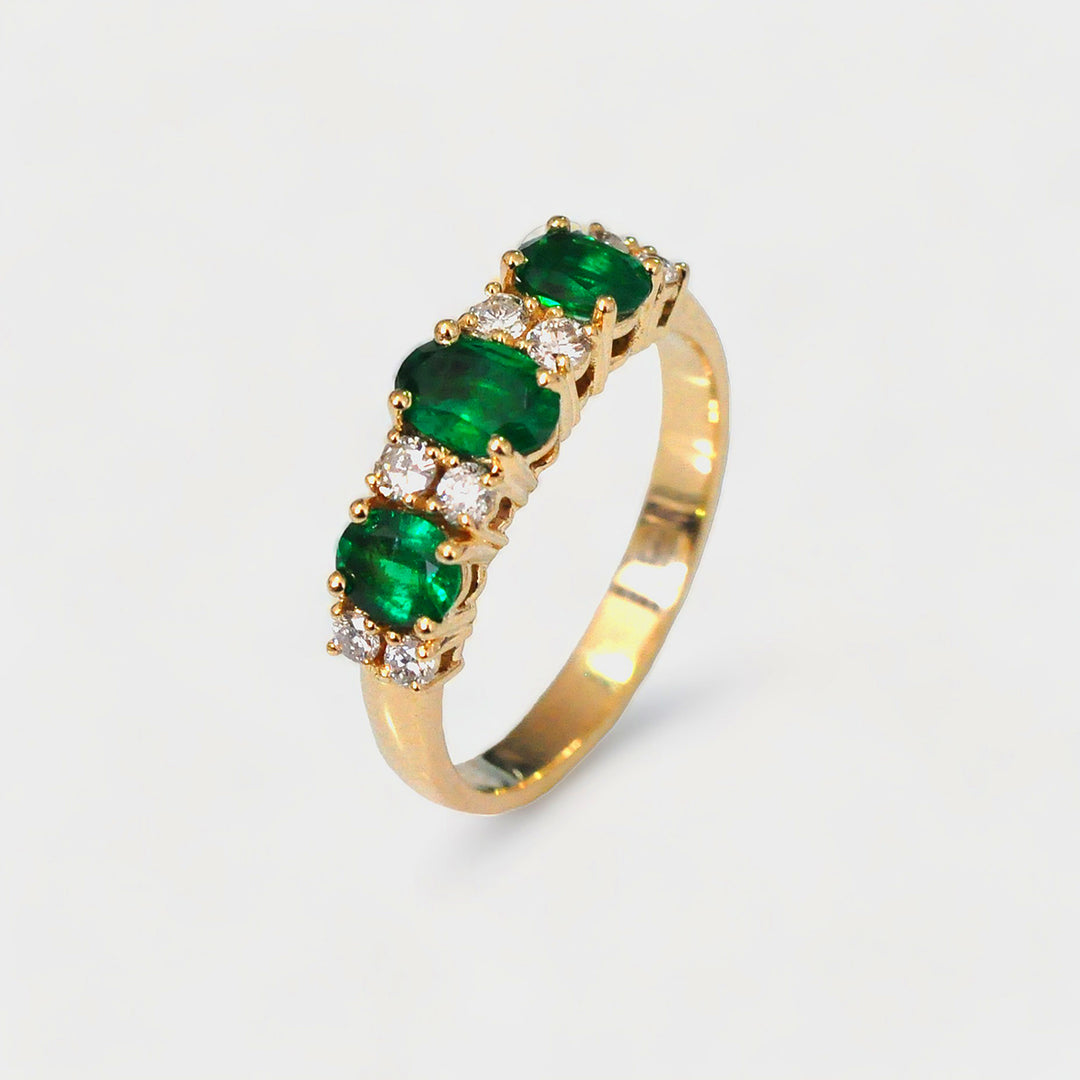3 Stone Emeralds and Side Diamonds Ring