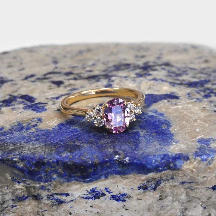 Oval Pink Sapphire &amp; Six Stones Side Diamonds Ring