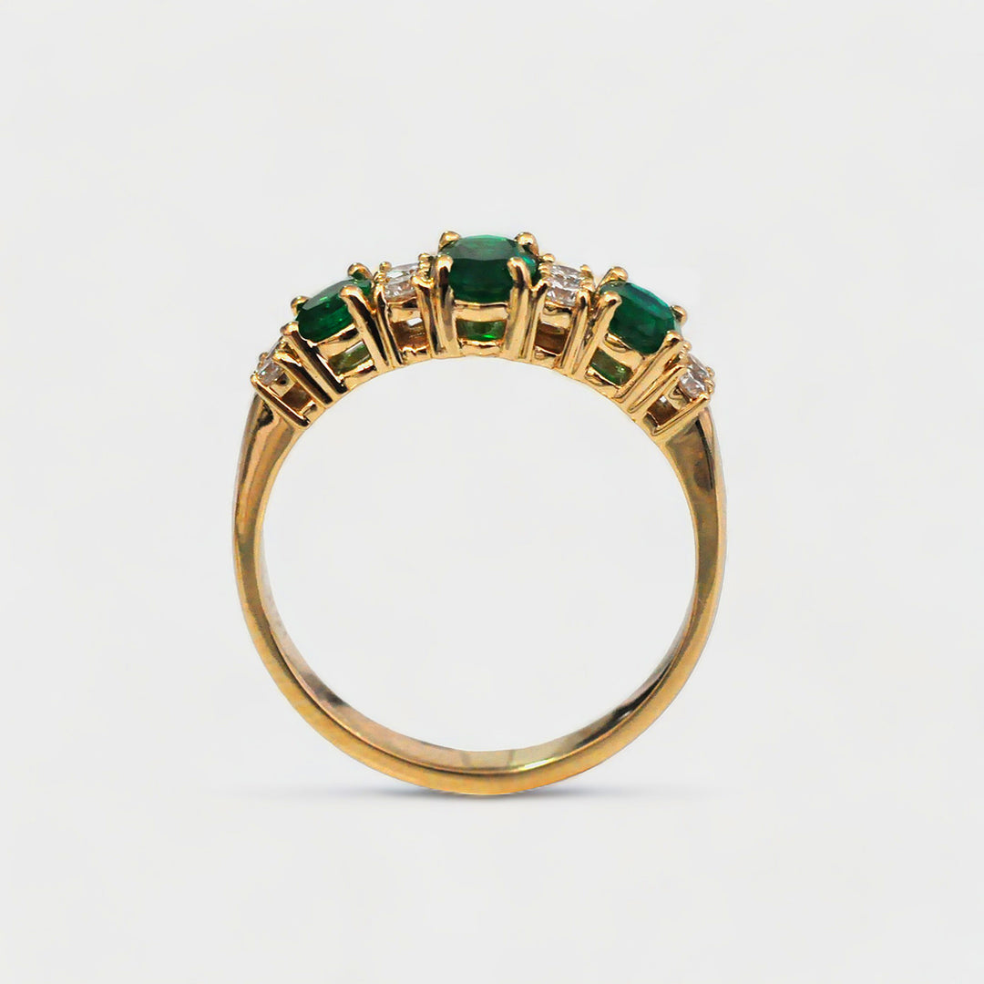 3 Stone Emeralds and Side Diamonds Ring