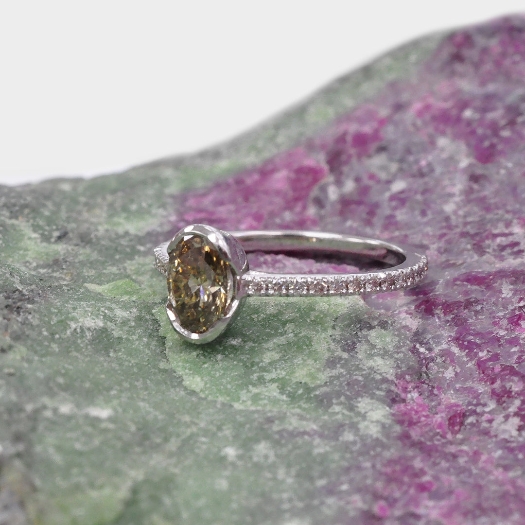 Oval Yellowish Brown half Bezel Setting Diamonds Ring