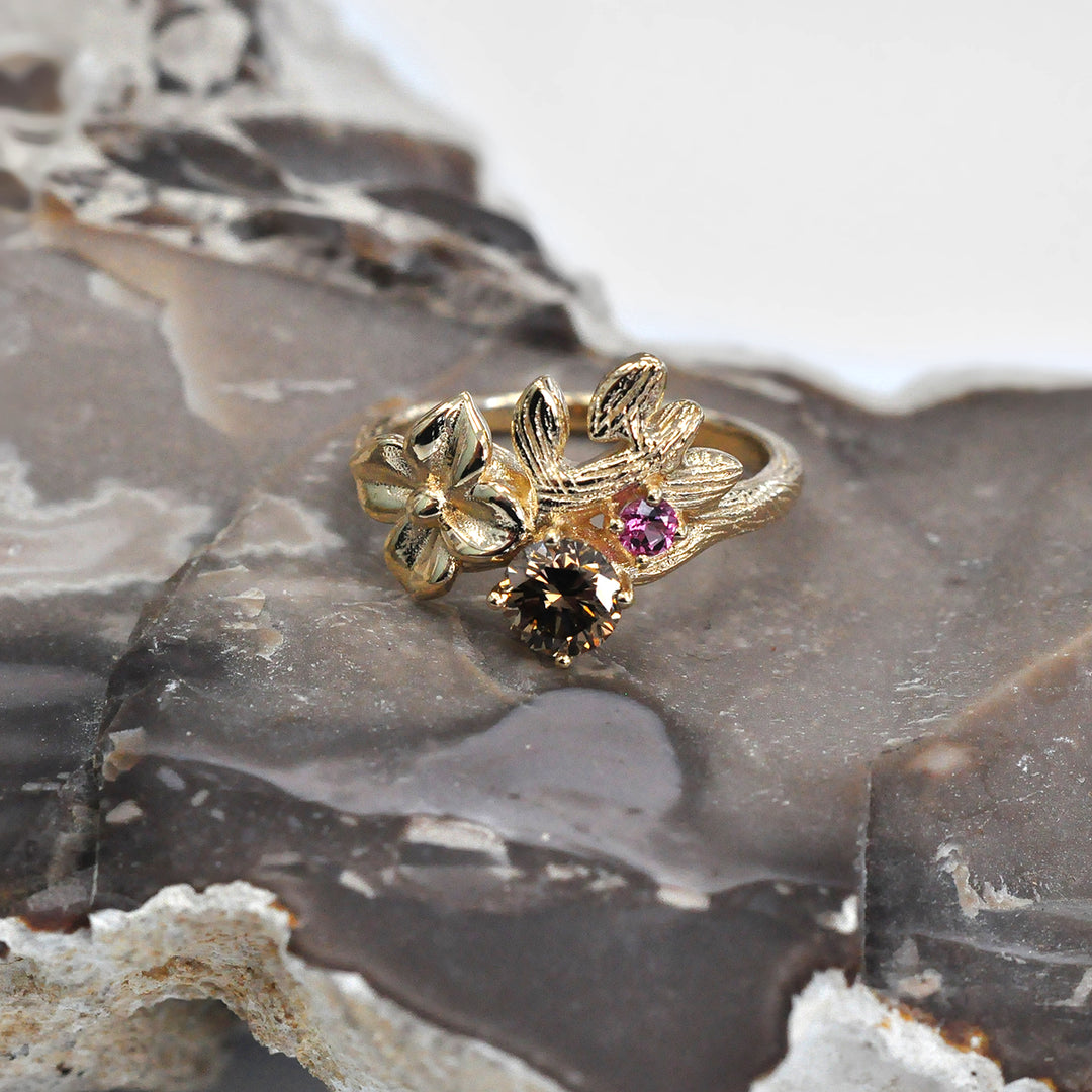 Fancy Brown Diamond and Pink Sapphire Floral Ring