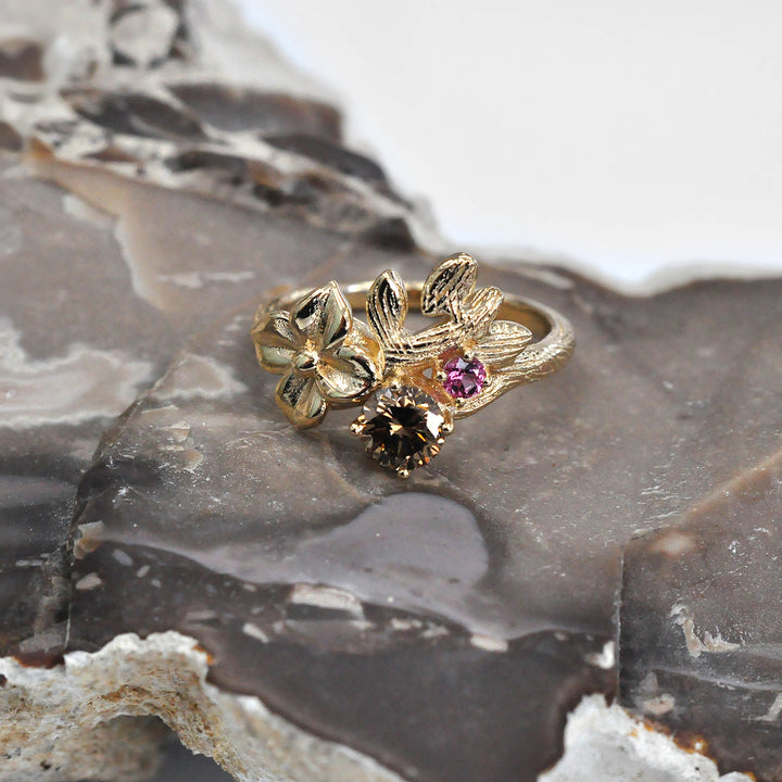 Fancy Brown Diamond and Pink Sapphire Floral Ring