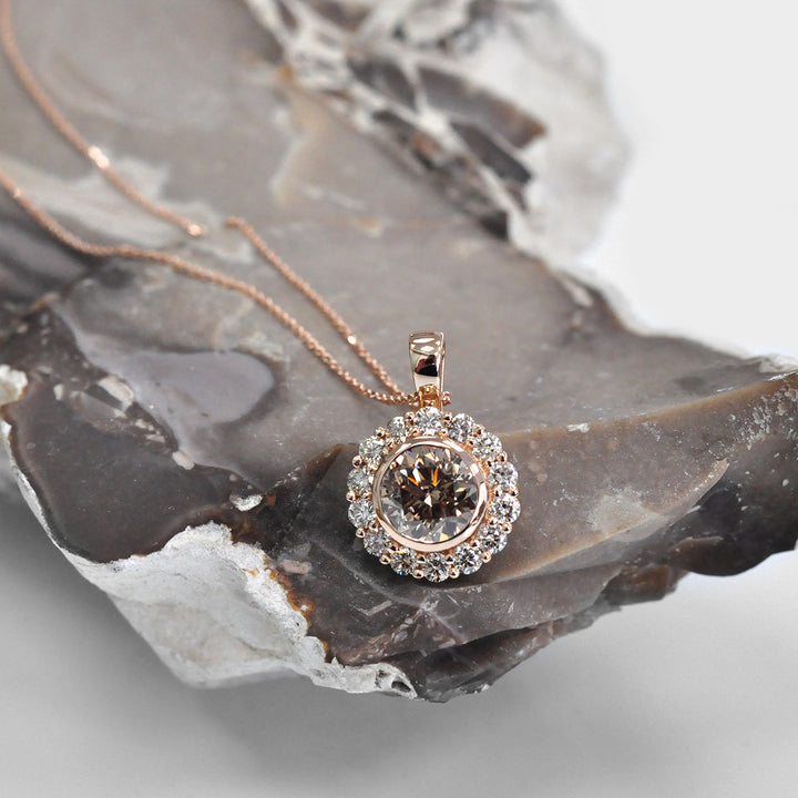 Fancy Brown Diamonds Halo Pendant in Rose Gold
