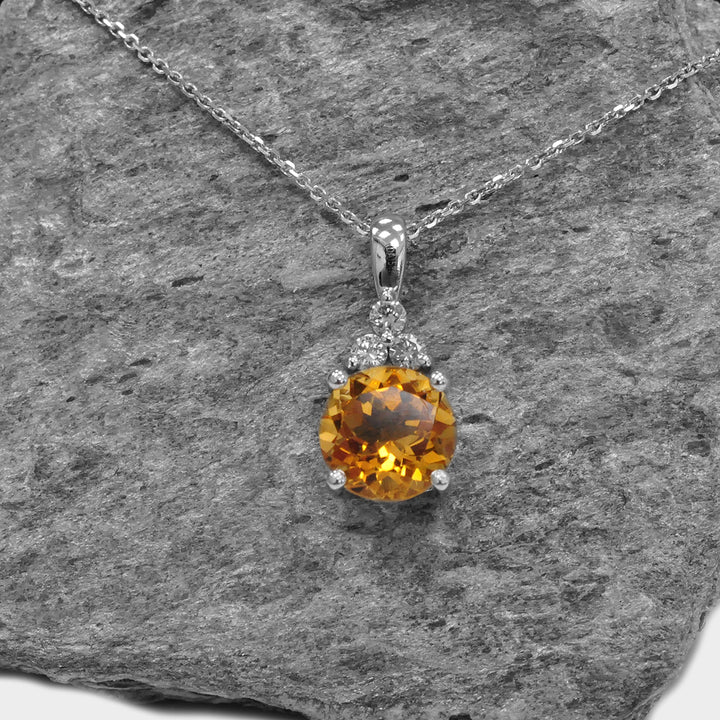 Citrine and 3 Diamonds Pendant in White Gold