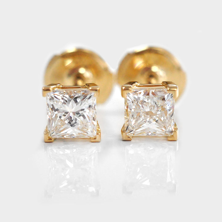 White Diamonds Princess cut Yellow gold Stud Earrings