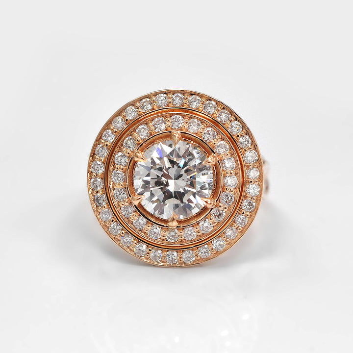 Split Shank Double Halo Round Diamonds Ring in Rose Gold