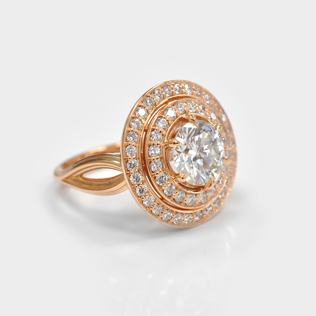 Split Shank Double Halo Round Diamonds Ring in Rose Gold