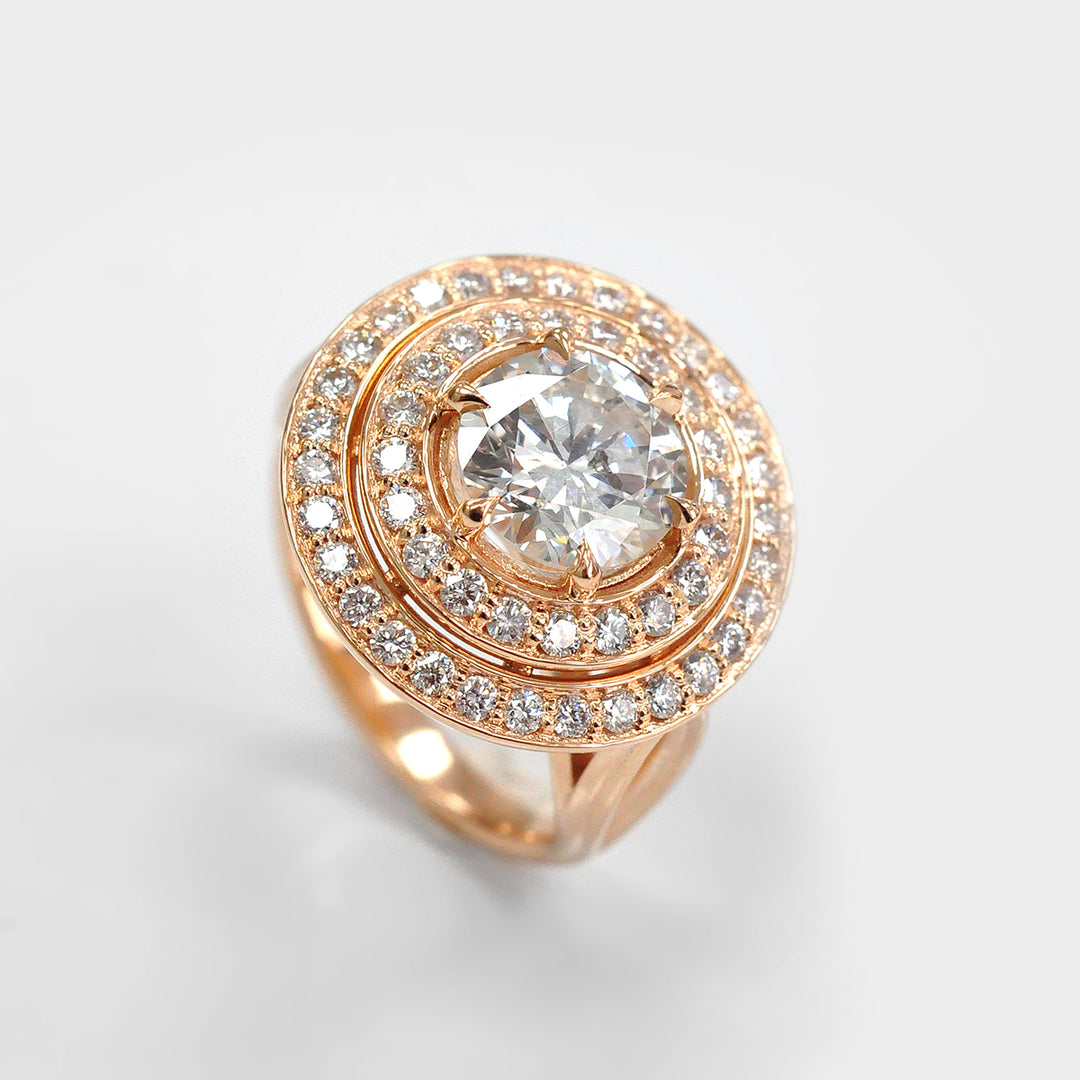 Split Shank Double Halo Round Diamonds Ring in Rose Gold