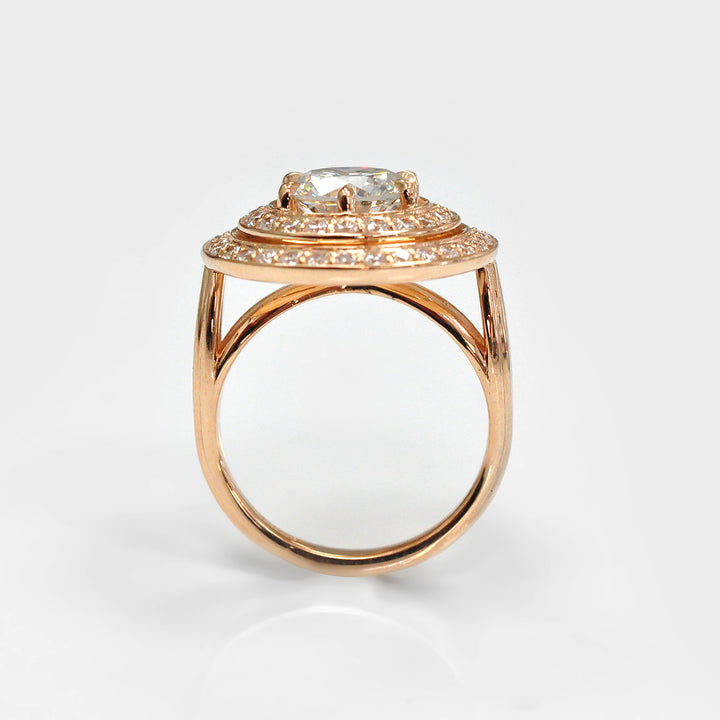 Split Shank Double Halo Round Diamonds Ring in Rose Gold