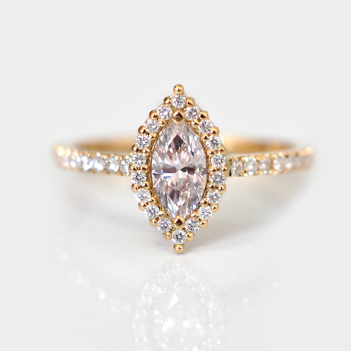 Light Pink Marquise Diamond Ring and White Diamonds Halo