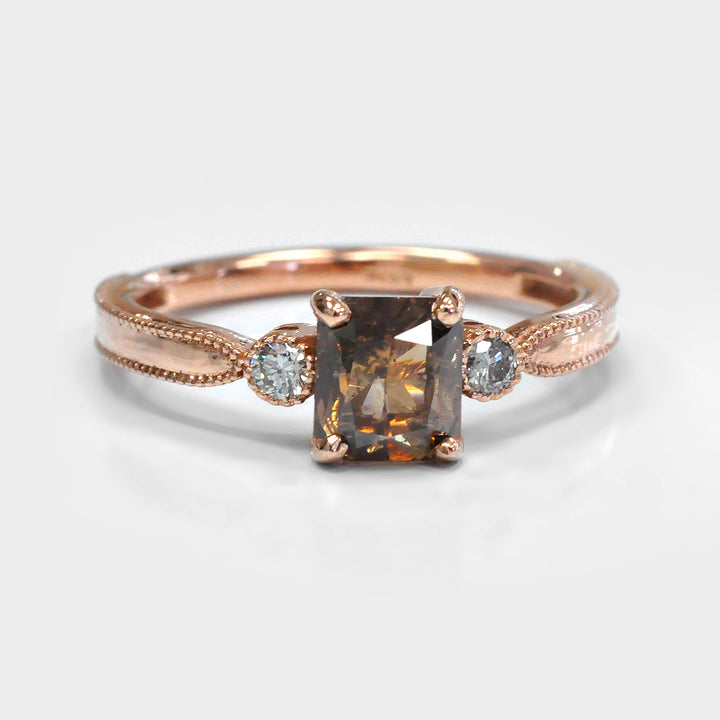Fancy Brown Diamond and 2 Side milgrin Diamonds Ring