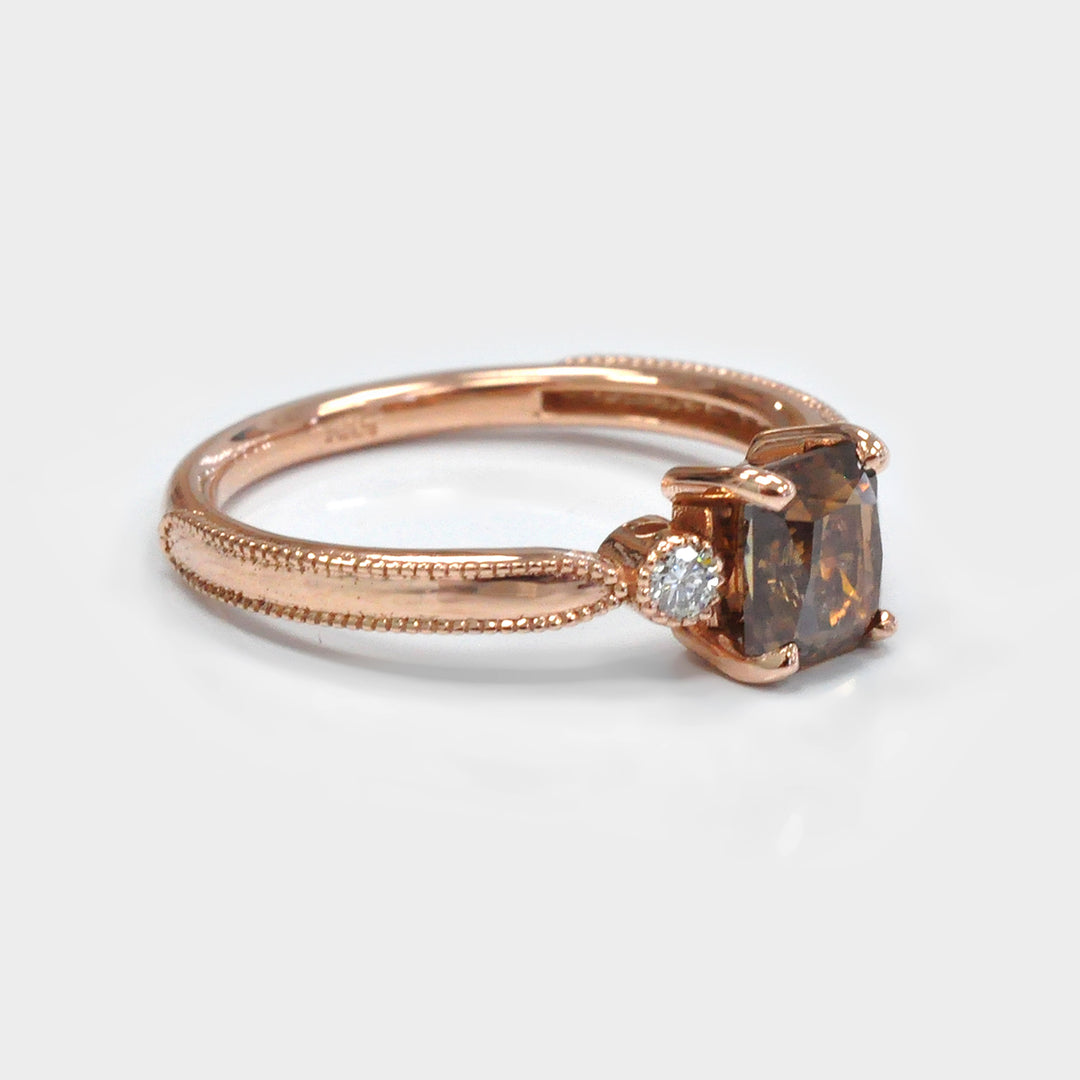 Fancy Brown Diamond and 2 Side milgrin Diamonds Ring