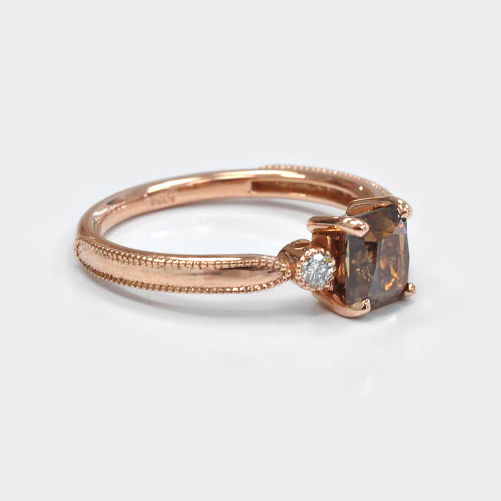 Fancy Brown Diamond and 2 Side milgrin Diamonds Ring