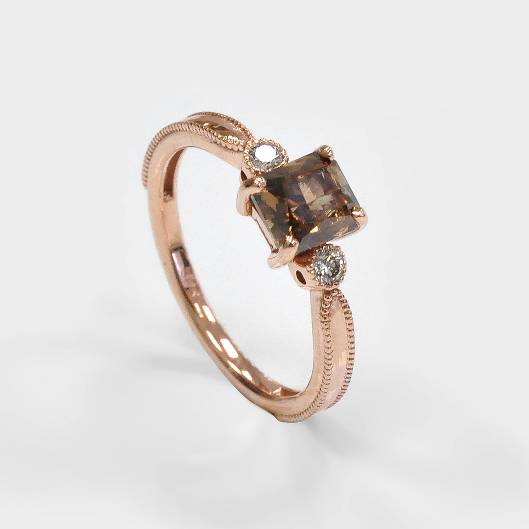Fancy Brown Diamond and 2 Side milgrin Diamonds Ring