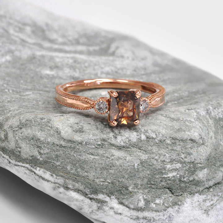 Fancy Brown Diamond and 2 Side milgrin Diamonds Ring