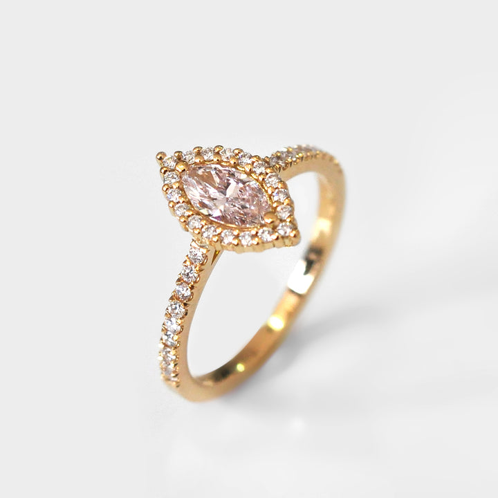 Light Pink Marquise Diamond Ring and White Diamonds Halo