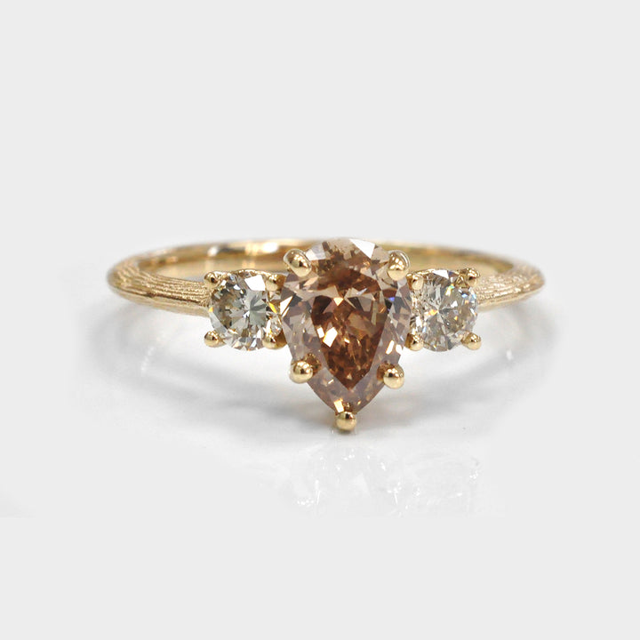 Fancy Brown Pear Shape Rough Texture 3 stones Ring