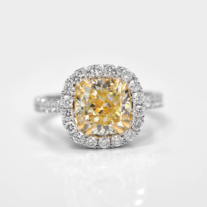Magnificent 3 carat Fancy Yellow Cushion Diamond Ring