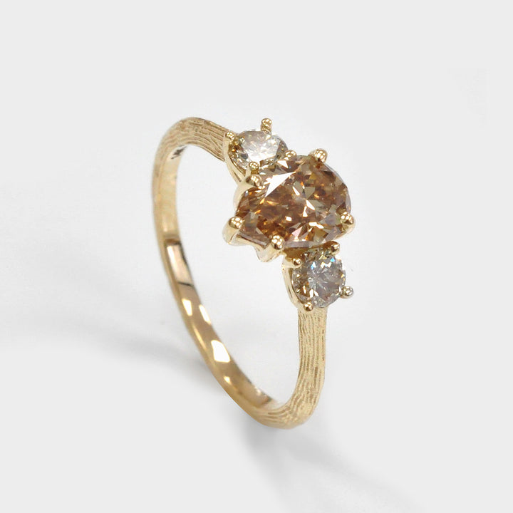 Fancy Brown Pear Shape Rough Texture 3 stones Ring