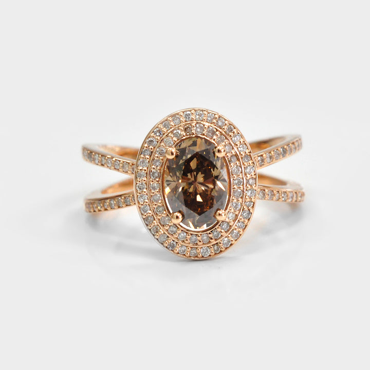 Double Halo Split Shank Oval brown Diamond Ring