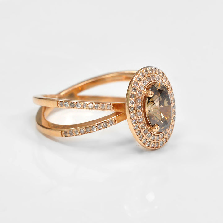Double Halo Split Shank Oval brown Diamond Ring