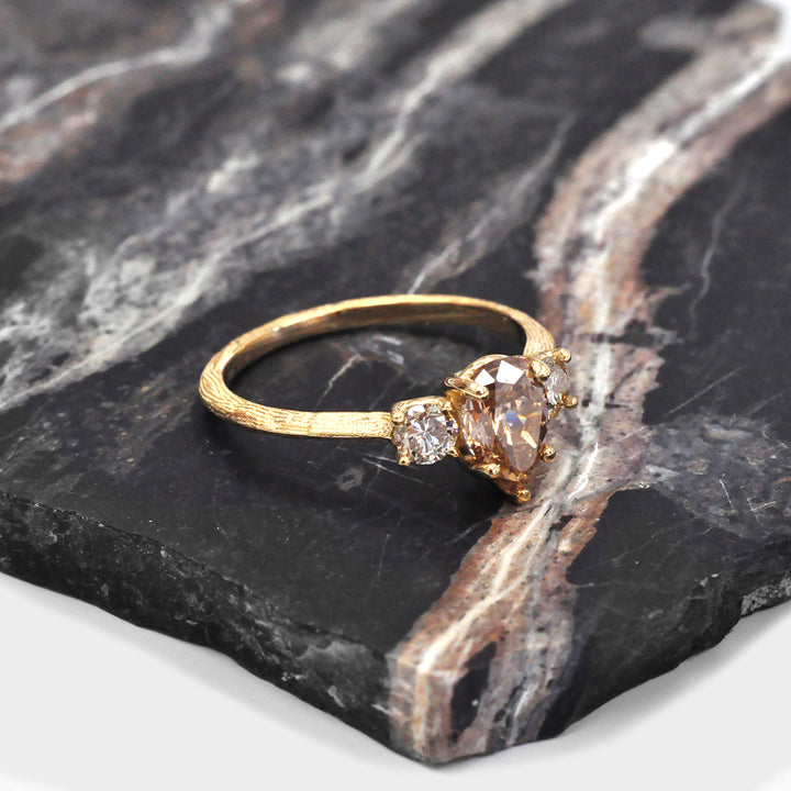 Fancy Brown Pear Shape Rough Texture 3 stones Ring