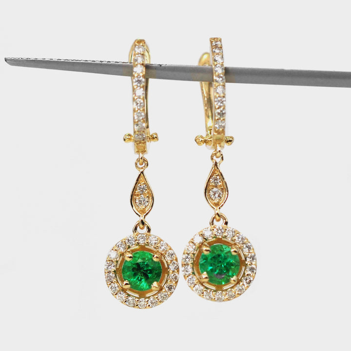 Round Emeralds and Halo Diamonds Earrings