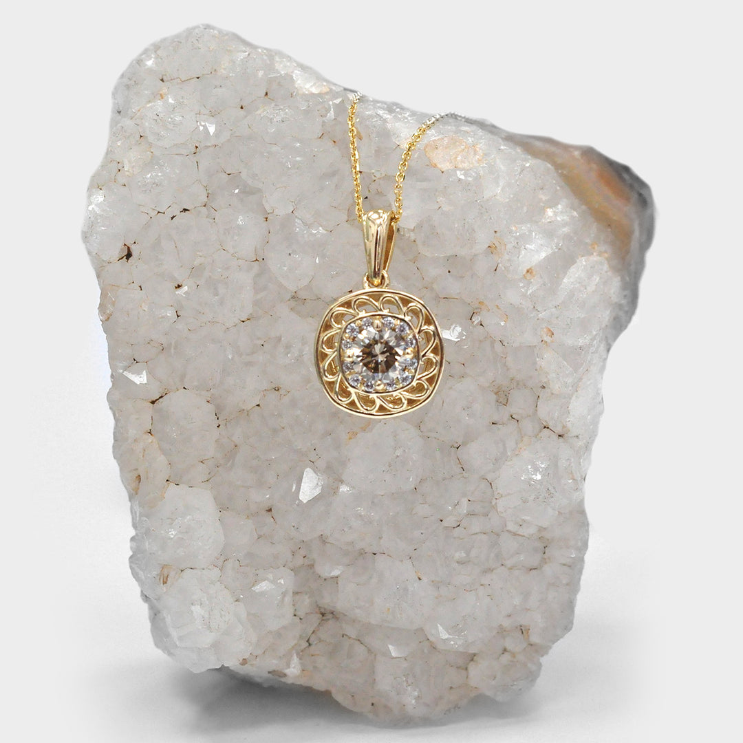 Fancy Brown Round Shape Diamond Pendant in Yellow Gold