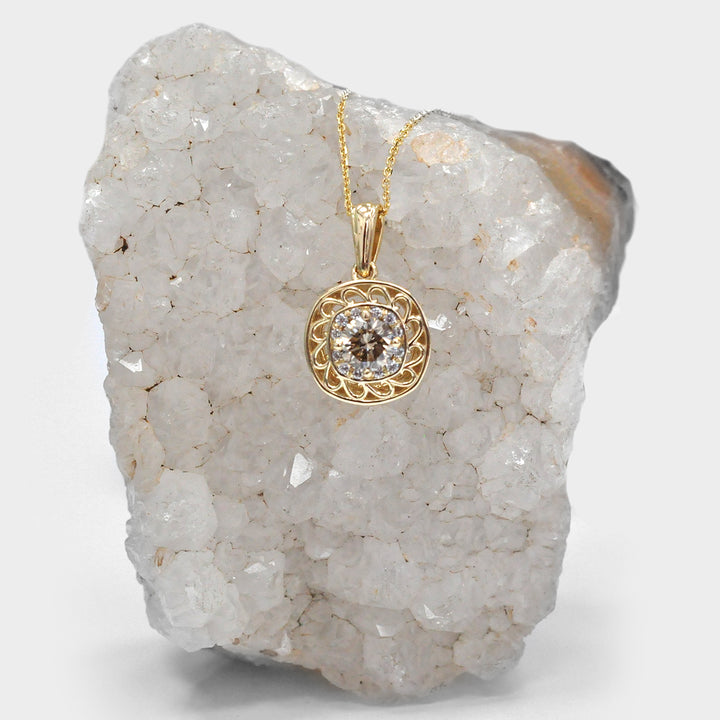 Fancy Brown Round Shape Diamond Pendant in Yellow Gold