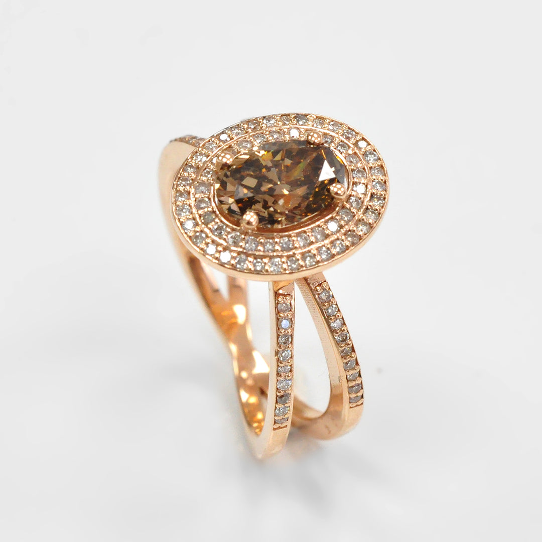 Double Halo Split Shank Oval brown Diamond Ring